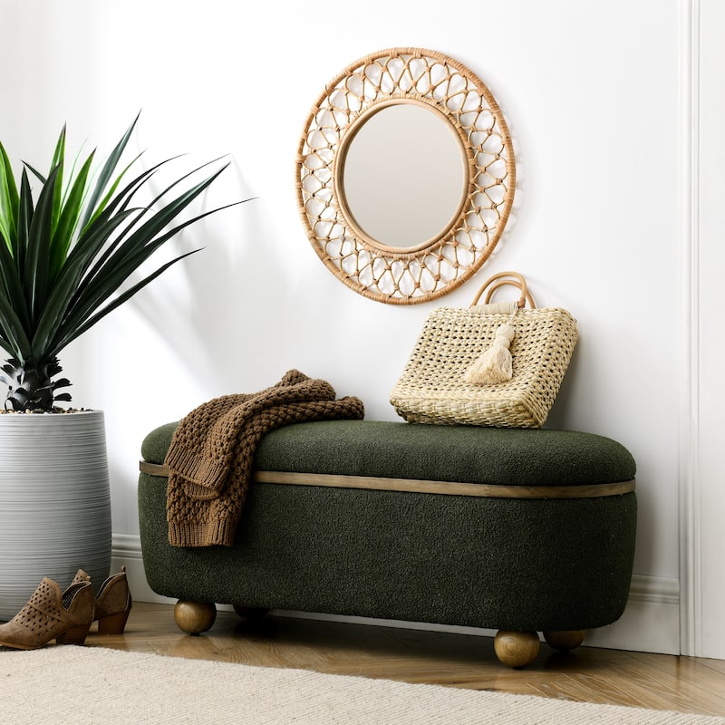 Storage Ottoman Bench for Bedroom, 43" Upholstered Oval Footstool with Hidden Storage, End of Bed Long Velvet Bench - Dark Green