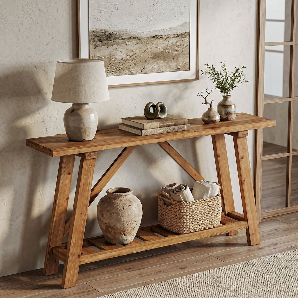 62.9-Inch Entryway Console Table with Storage Shelf, Narrow Solid Wood Sofa Table for Living Room, Bedroom & Foyer