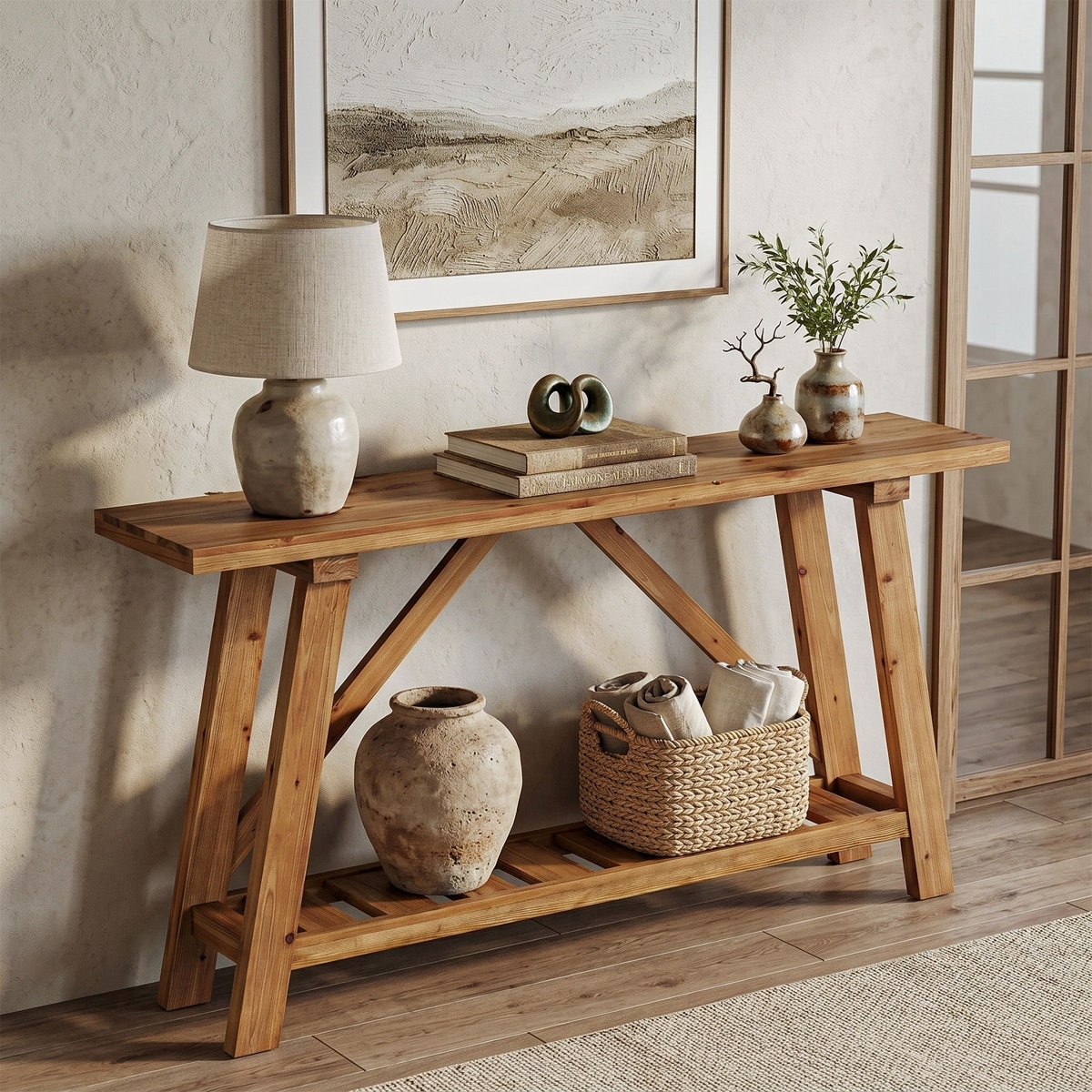 62.9-Inch Entryway Console Table with Storage Shelf, Narrow Solid Wood Sofa Table for Living Room, Bedroom & Foyer