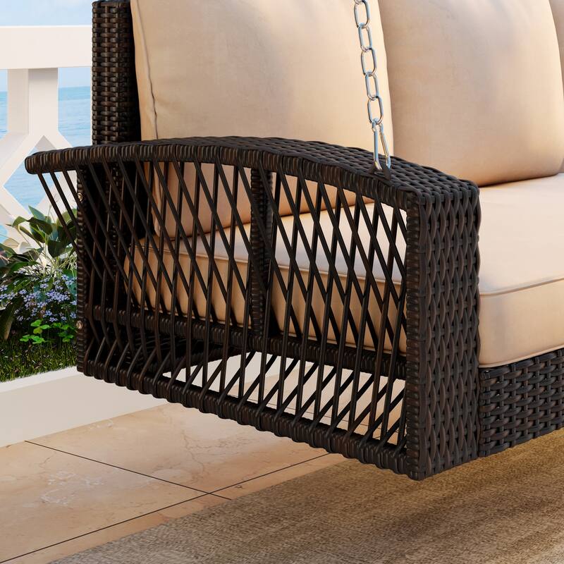 69" PE Wicker 3-Person Porch Swing - Large Outdoor Swing Bench with Cushions & Chains for Garden, Poolside & Patio