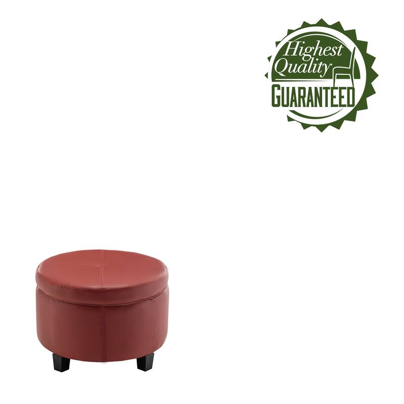 Porthos Home Donn Faux Leather Round Storage Ottoman with Rubberwood Legs