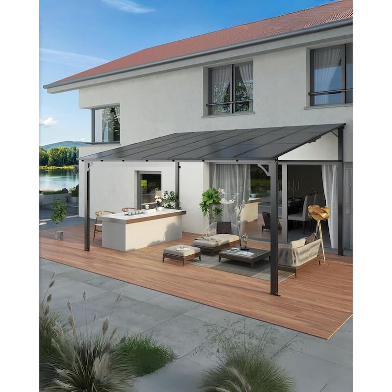 12x16 FT Wall Mounted Lean to Hardtop Gazebo Pergola for Porch, Decks, Backyard - 12X16 Ft