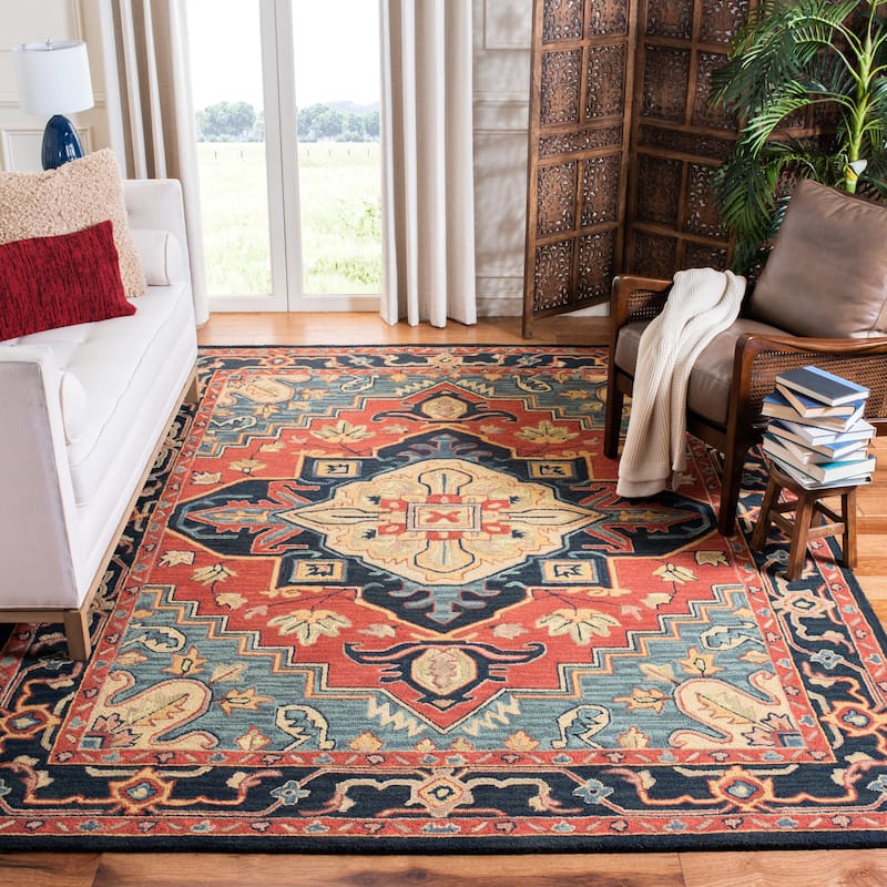 SAFAVIEH Handmade Heritage Shena Traditional Wool Rug - 12' x 15' - Red/Navy - Rectangle