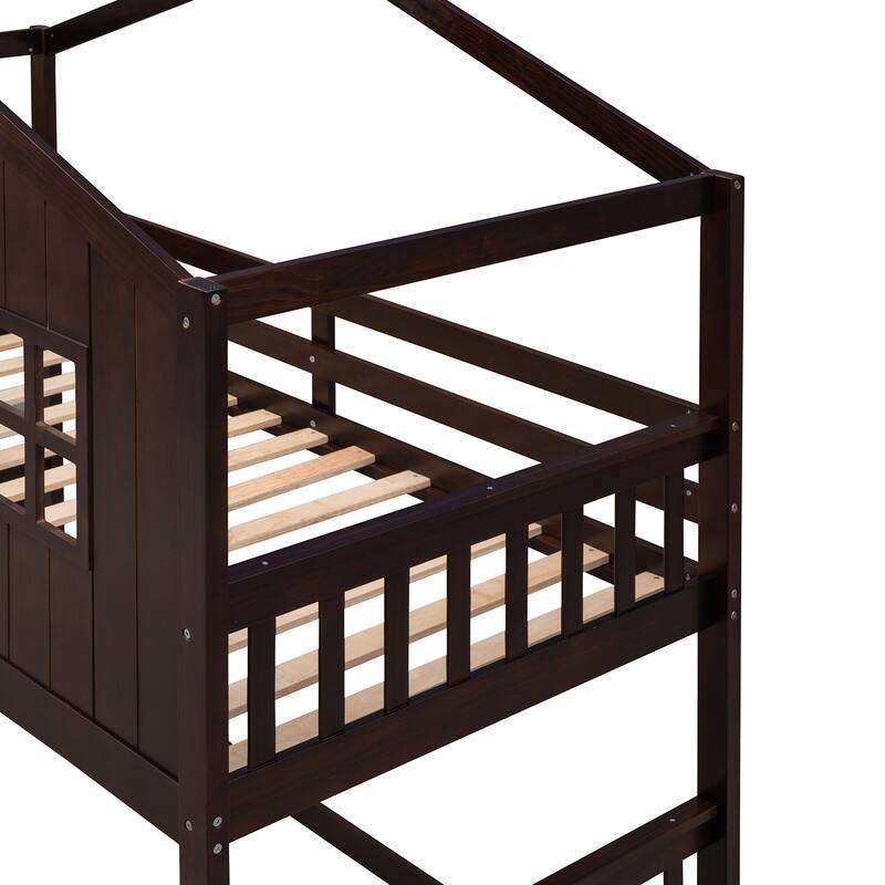 Full Size Loft Bed with Playhouse Design, Built-in Desk and Shelves