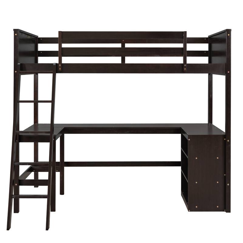 Twin Loft Bed with Desk Shelves Space-Saving Design Brown Modern Contemporary Unisex Nature Wood Finish Includes Hardware
