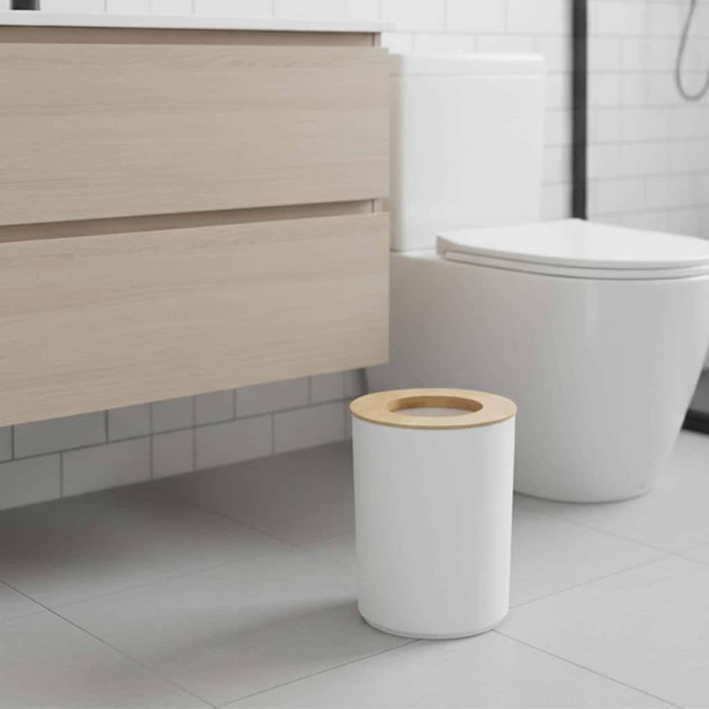 Round Bathroom Trash Can PADANG White With Bamboo Lid 1.3 Gal - 1.3 Gal