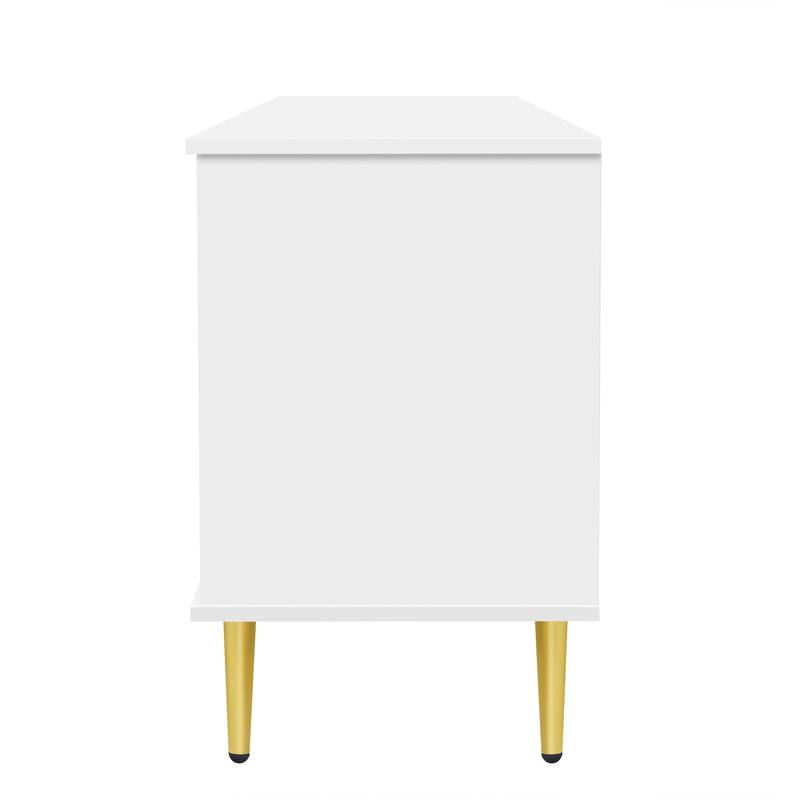 Roomfitters Modern TV Stand for up to 80 Inch TV, Media Console with Fluted Glass Doors, Drawers and Metal Legs, White