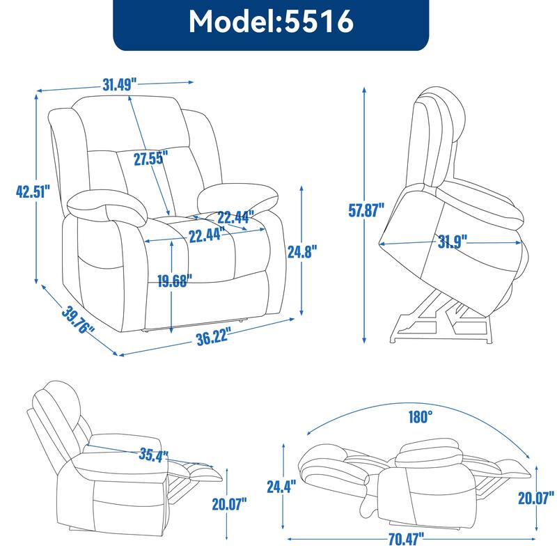 Infinite Position Up to 350 LBS Electric Medium size Power Lift Recliner Chair with 8-Point Vibration Massage and Lumbar Heating
