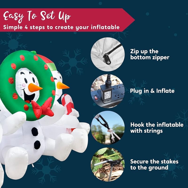 6 FT Long Christmas Inflatable Snowmen Outdoor Decoration, Three Sitting Snowmans with Build-in LEDs Blow Up Inflatables - White
