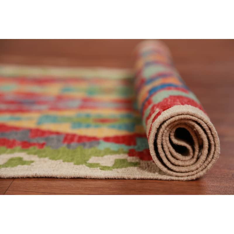 Hand Woven Oriental 100% Wool Carpet Southwestern Geometric Multi-Colored Kilim Runner Rug - 15' 9'' X 2' 10''