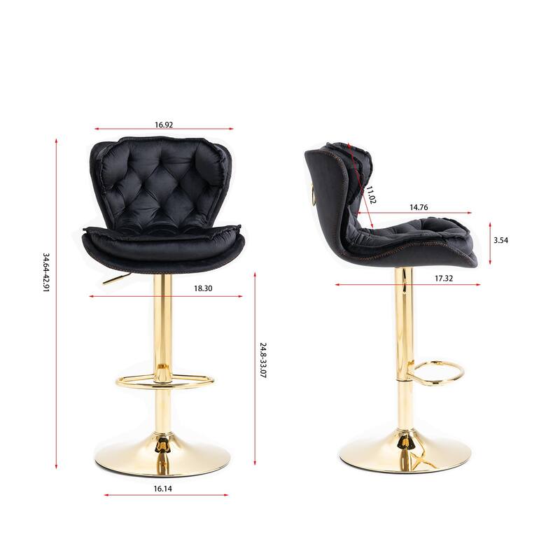 2 Velvet Bar Stools with Chrome Footrest and Base Swivel Height Adjustable - N/A