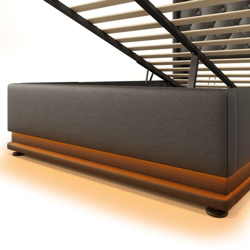 Twin Size Platform Bed Underbed Storage Bed with Wingback Tufted Headboard, USB and 360 Surround LED Strip, PU Upholstered