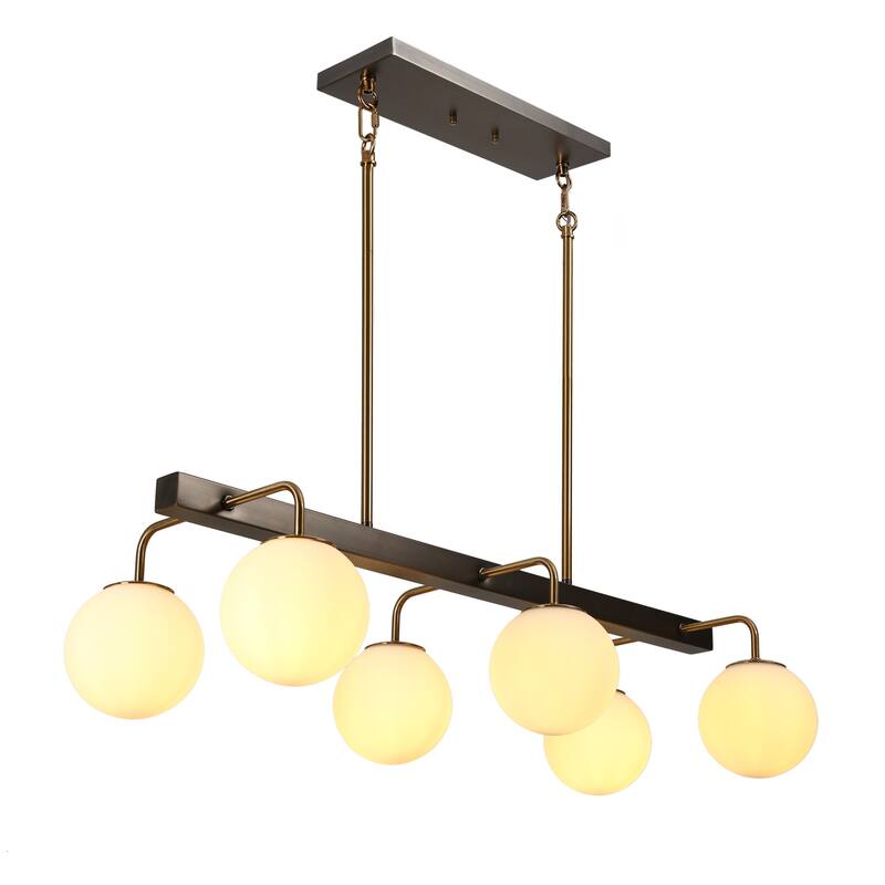 Aladari Modern Gold 6-Light Chandelier Opal Glass Rectangle Island Lights - Brushed Black Nickel - L 33.5"*W15"*H8.7"