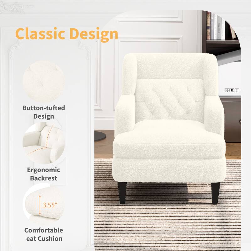 Modern 35.25" Upholstered Arm Chair with Birch Wood Legs amd Tufted Backrest for Living Room