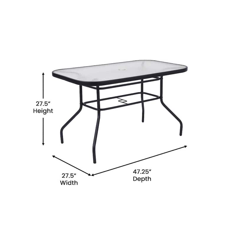 Commercial Tempered Glass and Steel Patio Table with Umbrella Hole - N/A