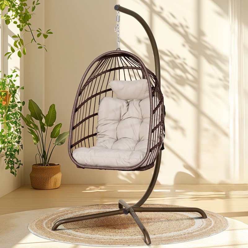 Oversized Hanging Egg Chair with Stand, Indoor Outdoor Swing Chair, 350 lbs Capacity Cozy Rattan Lounge