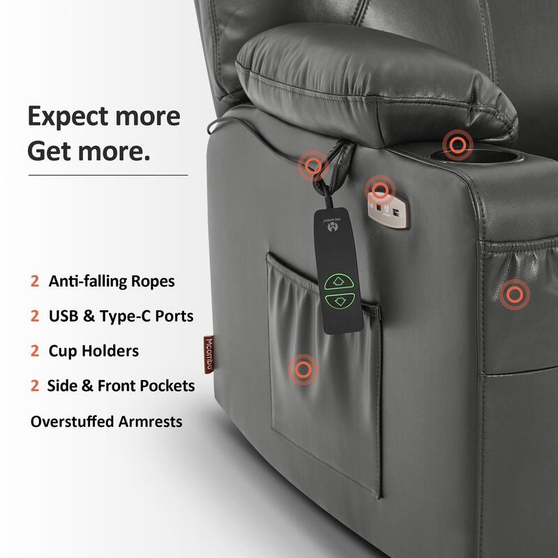 MCombo Medium-Wide Power Lift Recliner Chair Sofa with Massage and Heat for Elderly People, Faux Leather R7045