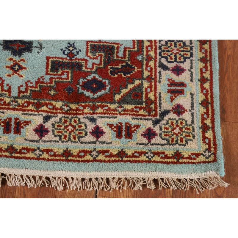 Light Blue Geometric Viss Indian Foyer Rug Handmade Wool Carpet - 2'11"x 4'9"