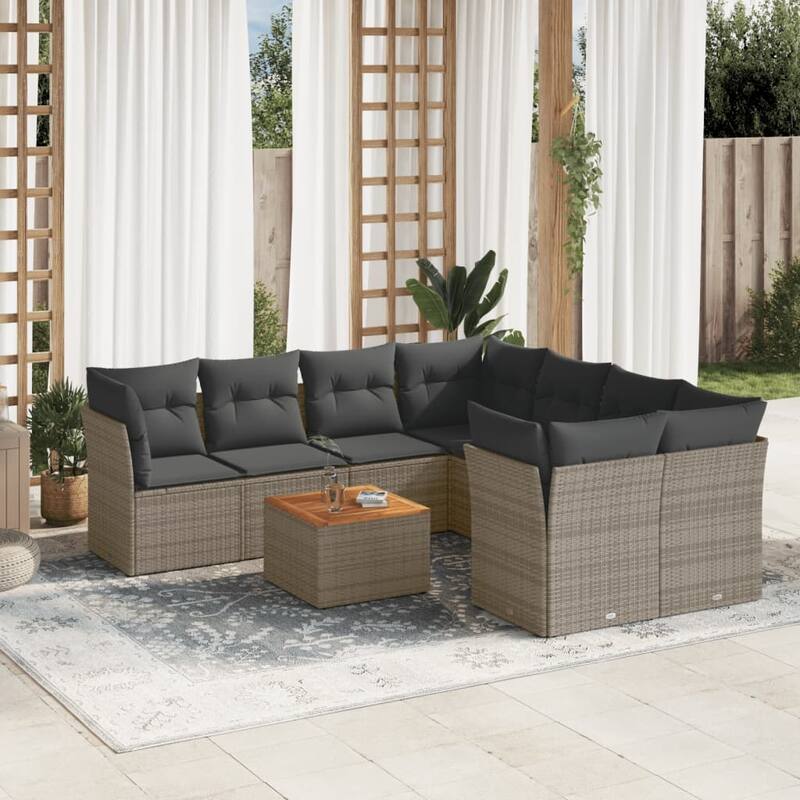 vidaXL Patio Sofa Set with Cushions Outdoor Furniture 9 Piece Poly Rattan - 21.7 x 21.7 x 14.6 - Grey-4x corner+Table+4x middle