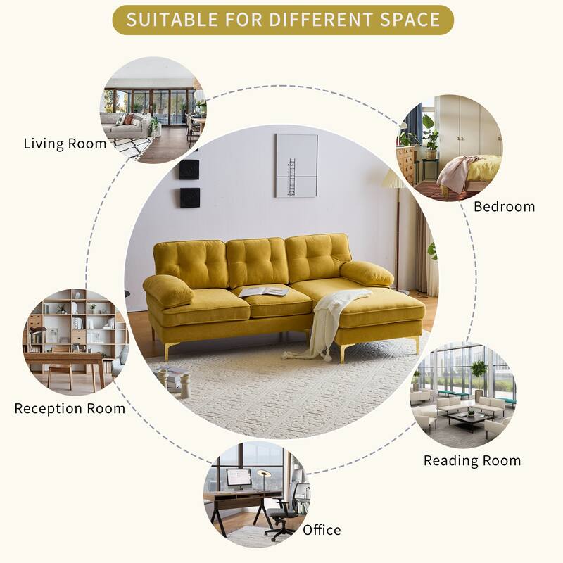 Velvet Sectional Sofas Couches with Pillow Top Arms and Upholstered Backrest, Modern L-Shaped Couches with Metal Legs