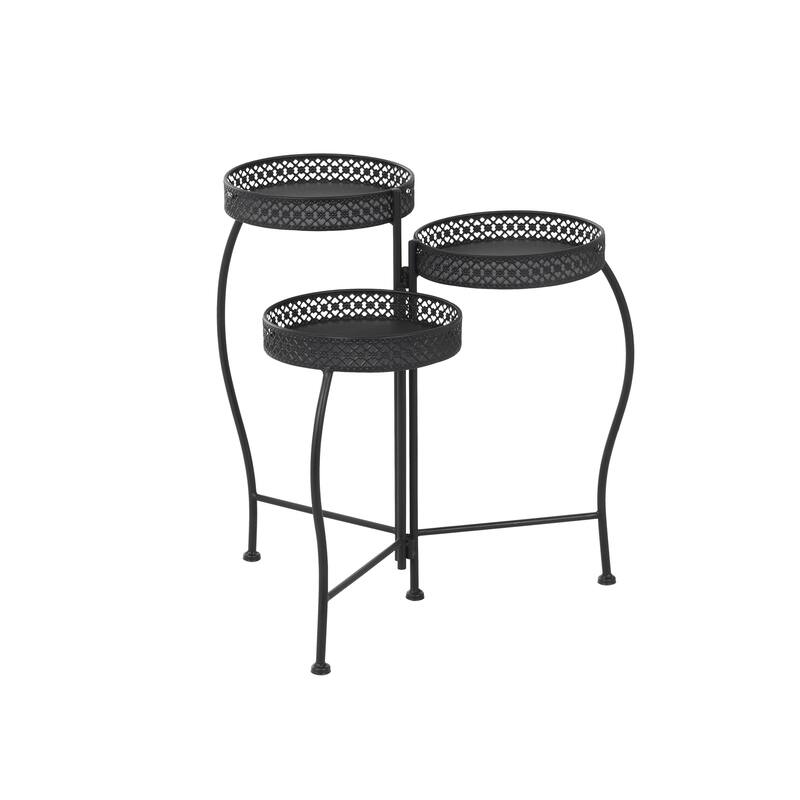 Metal Curved Folding 3 Tier Indoor Outdoor Plantstand with Floral and Scroll Patterns - Gold, Black, Silver - Roche River Decor
