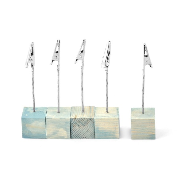 Home Wooden Cube Tabletop Note Photo Picture Memo Clip Clamp Light Blue 5 Pcs