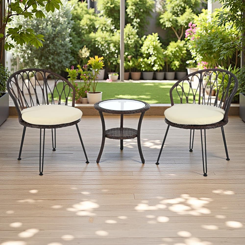 3-Piece Outdoor Patio Rattan Conversation Leisure Chairs Set with 2 Chair and Glass Coffee Table