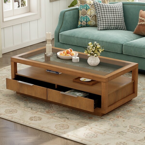 Modern Wood Coffee Table with 2 Drawers Minimalist Display Coffee Table with Transparent Tempered Glass Open Storage Shelf Brown