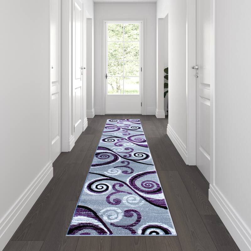 Modern Distressed Swirl Abstract Style Indoor Area Rug - 2' x 11' - Purple