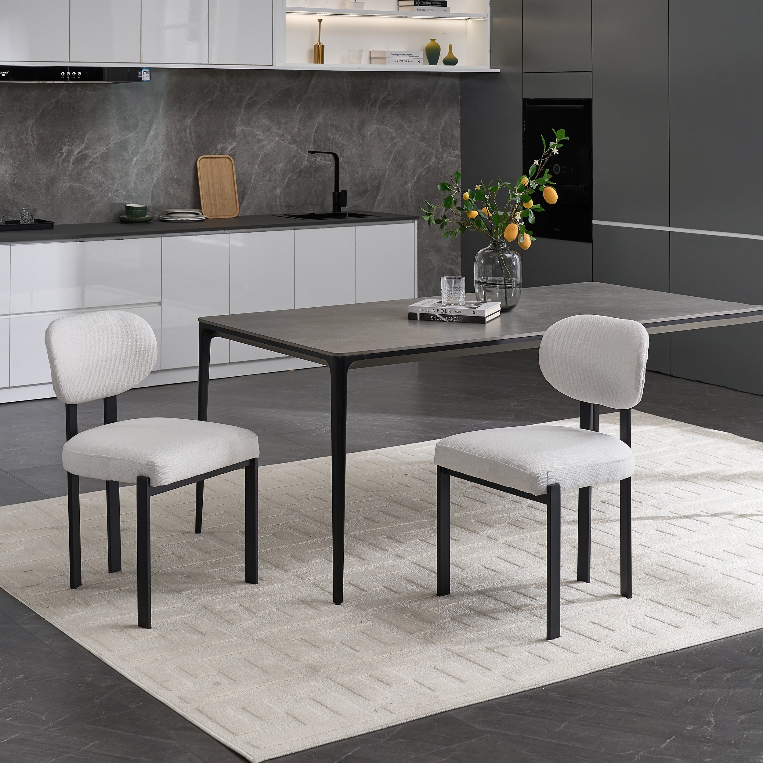 Mid-Century Upholstered Boucle Kitchen Dining Chairs with Black Metal Legs Set of 2