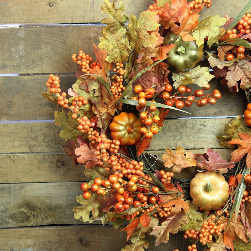 Autumn Leaves Pumpkins Berries Artificial Thanksgiving Wreath 22"