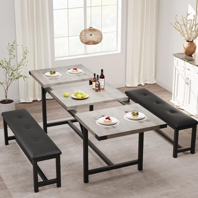 Dining Table Set for 4-6, 63" Extendable Wood Dining Room Table with Corner Protector & 2 Upholstered Benches