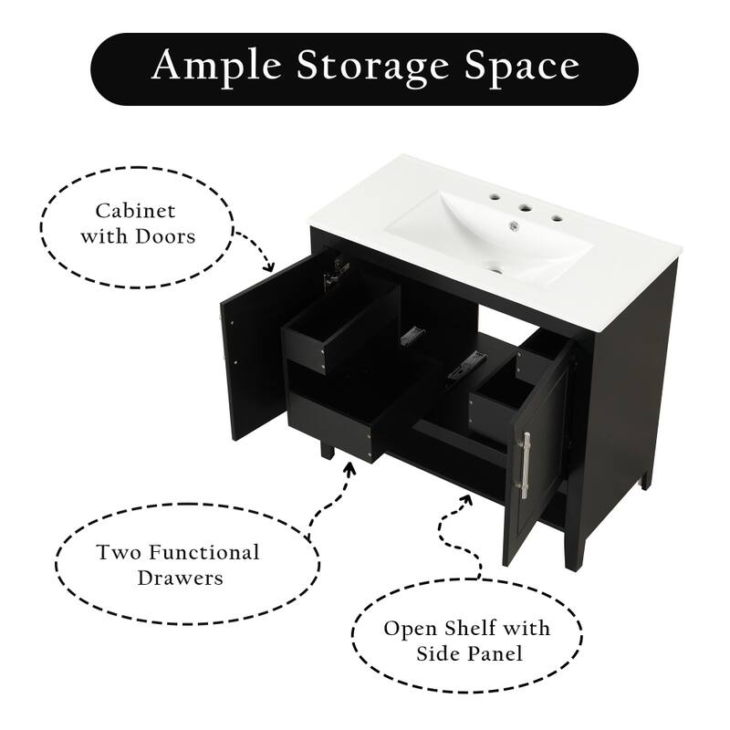 36" Bathroom Black Vanity with Sink with Doors and Drawers, MDF Frame & Board