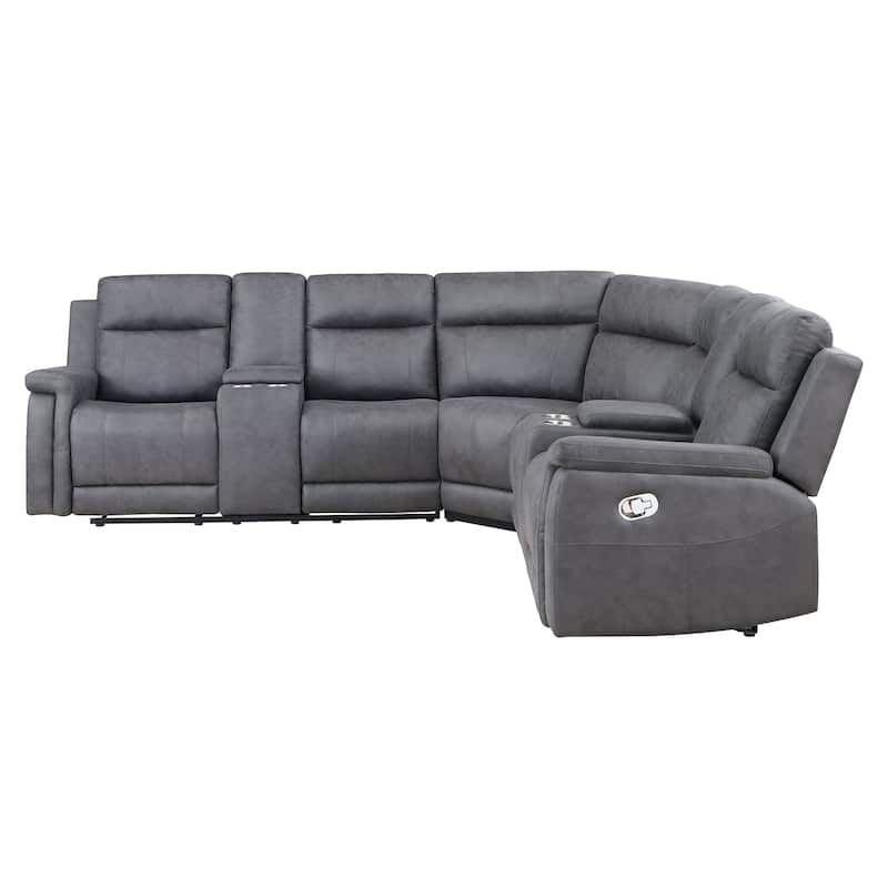 HomeRoots Gray Faux Leather Reclining Curved Corner Sectional With Console