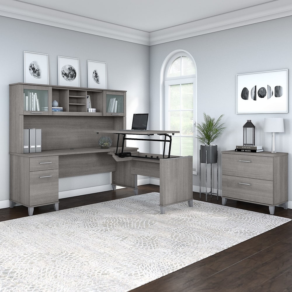 Somerset 72W Sit to Stand L Shaped Desk with Hutch and Cabinet in Gray