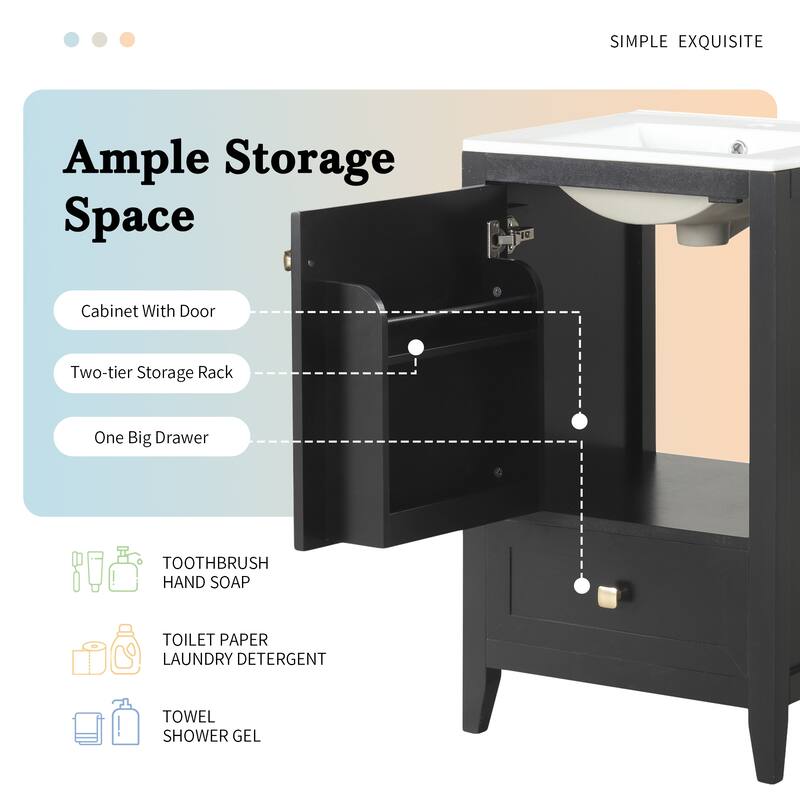 Compact 20" Bathroom Vanity with Sink, Soft Closing Door, Storage Rack & Drawer, Modern MDF Cabinet