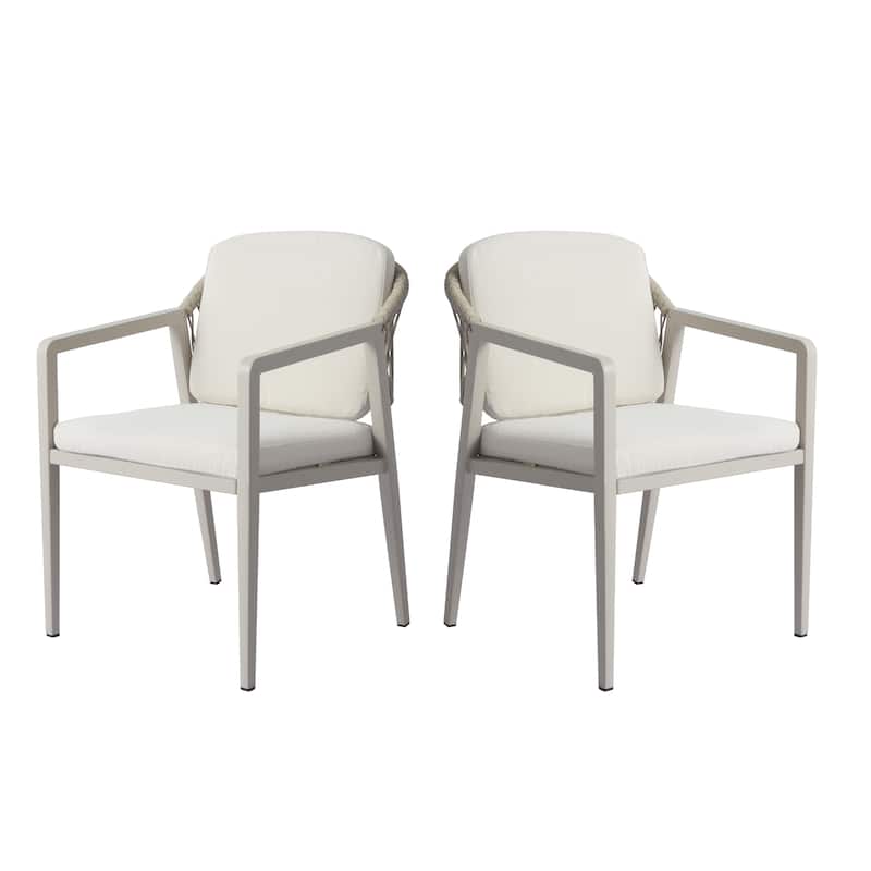 Beige Grey Outdoor Rattan Dining Chairs Set of 2 with Iron Frame, Side Chair Reception Chair Leisure Chair