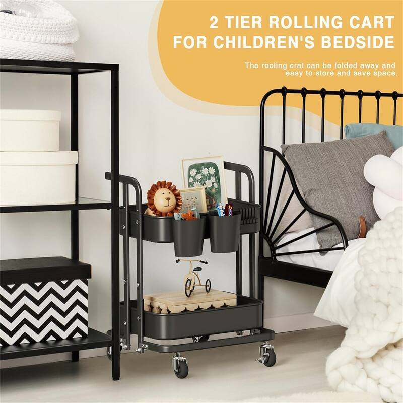 2 Tier Foldable Rolling Cart - 17.3"D x 18.3"W x 24.2"H