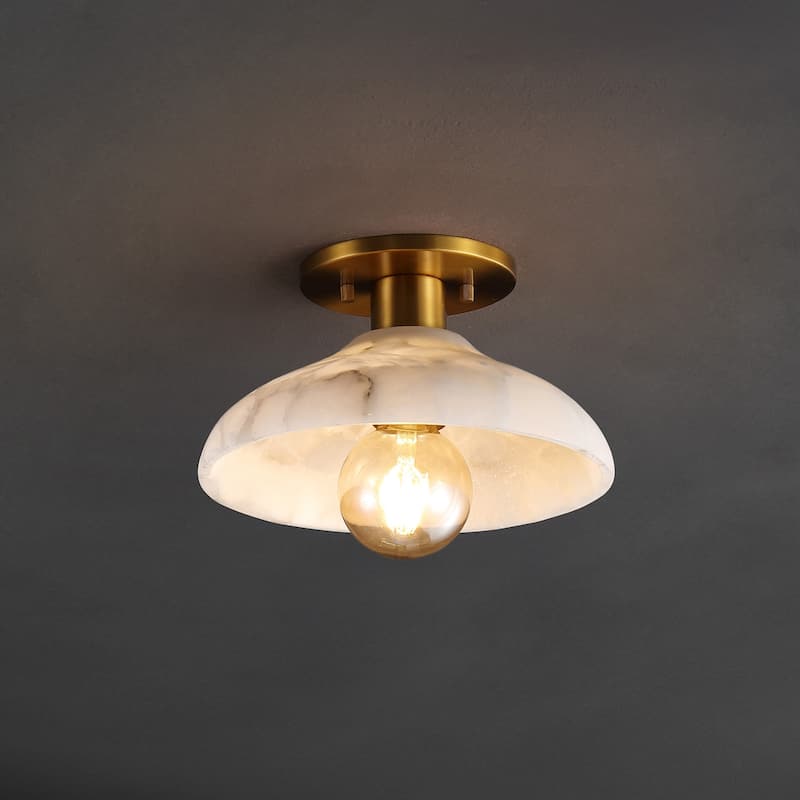 Aubrey 10" 1-Light Mid-Century Classic Alabaster/Iron LED Semi Flush Mount, White/Brass Gold, by JONATHAN Y