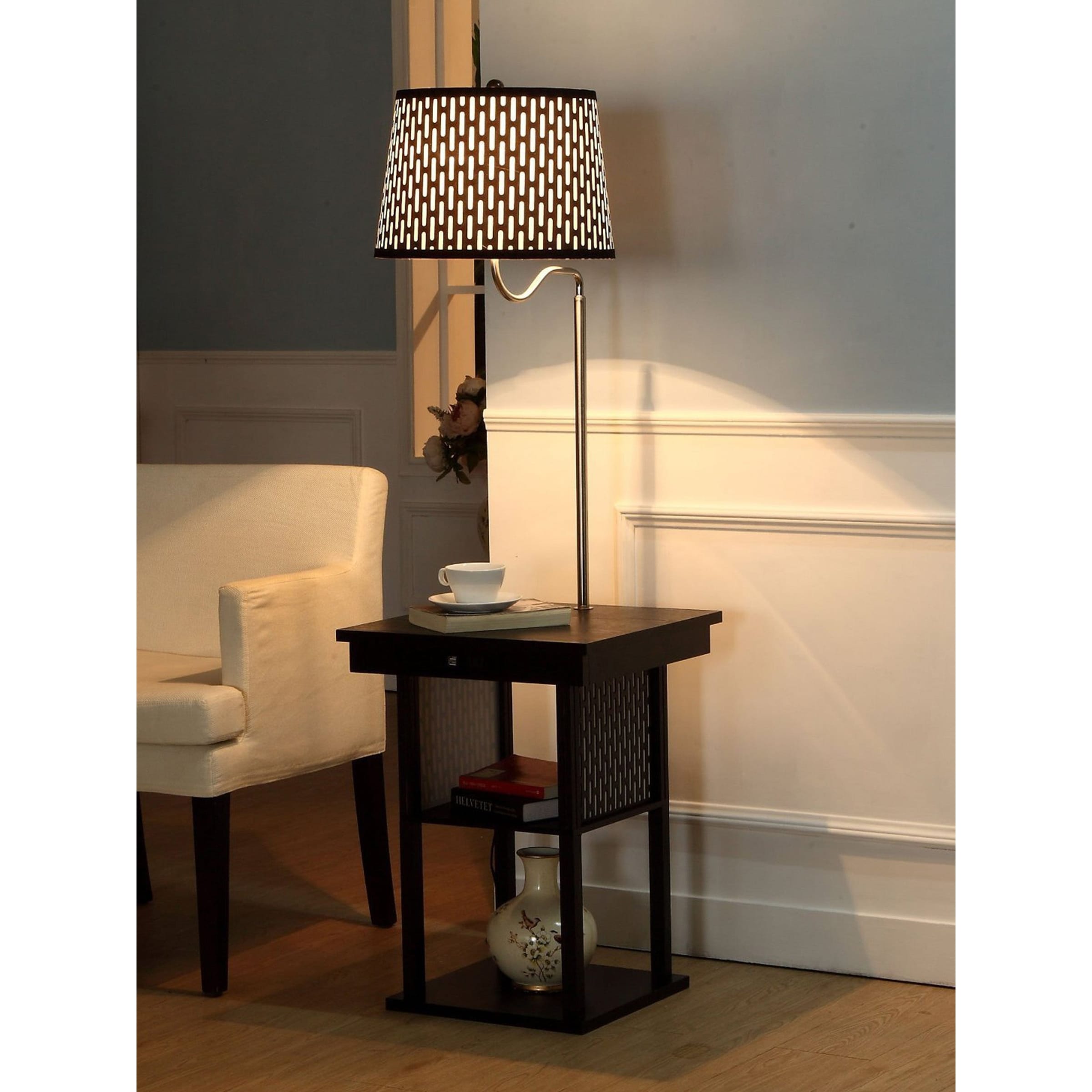 Brightech Madison 56 in. Classic Black Mid Century Modern LED Bedside Table Lamp with Fabric Drum Shade and Built In USB Port Bed Bath Beyond 35419316