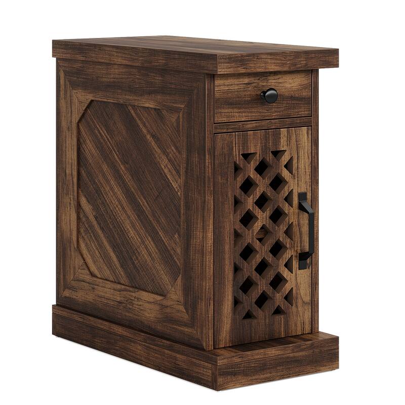 Narrow End Table with Drawer & Cabinet, 11.8" Slim Nightstand for Small Spaces, Farmhouse Side Table with Storage Shelf