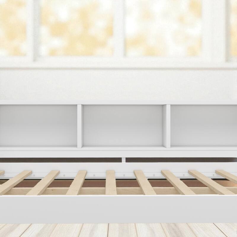 Twin/Full Size Wood Daybed with Trundle, Storage Drawers, Shelves and Built-in Desk, No Box Spring Needed