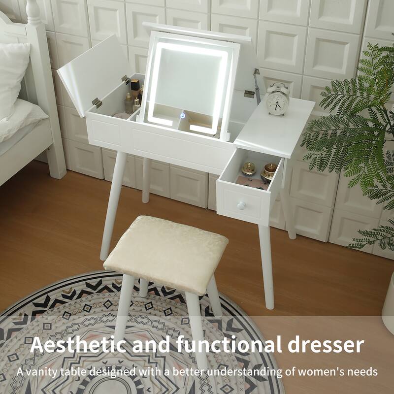 Vanity Desk Set with LED Lighted Mirror & Power Outlet