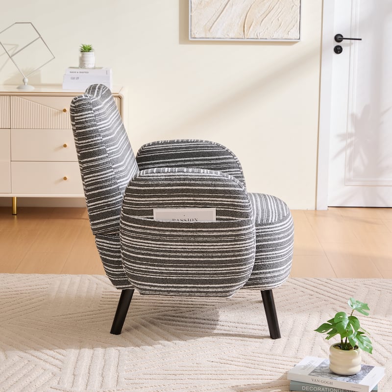 Boucle Upholstered Lounge Armchair, Reading Chair with Side Storage Pocket, Single Sofa Chair with Solid Wood Legs