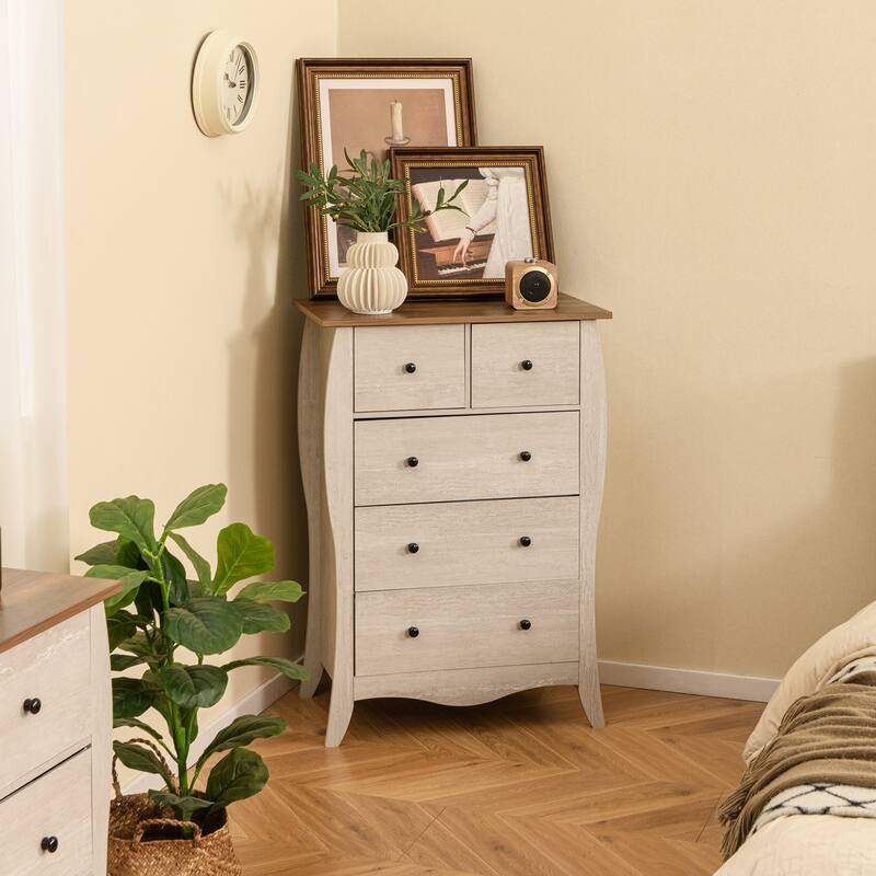 Gymax 2PCS 38'' Farmhouse Chest of Drawers w/ 5 Folding Fabric Drawers