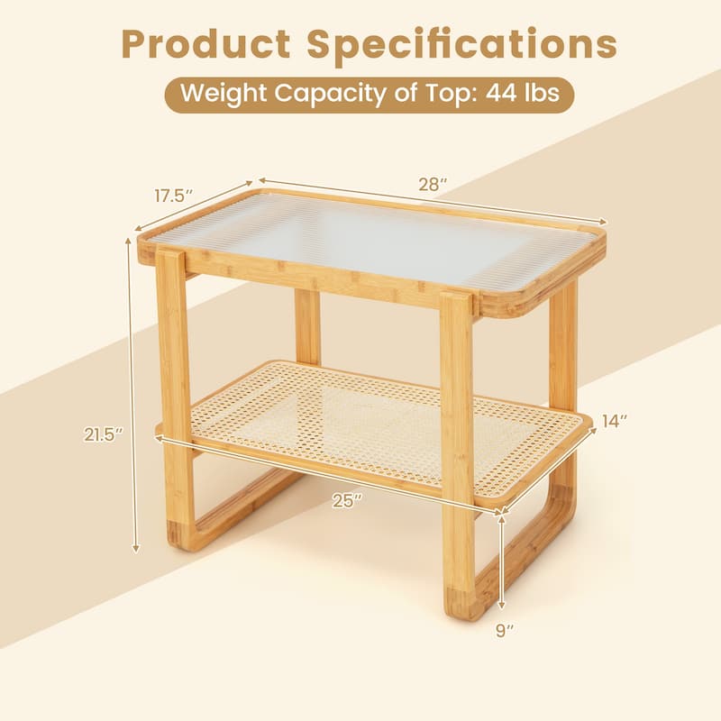 2-tier Wicker Side Table with Glass Top-Natural - 28" x 17.5" x 21.5"