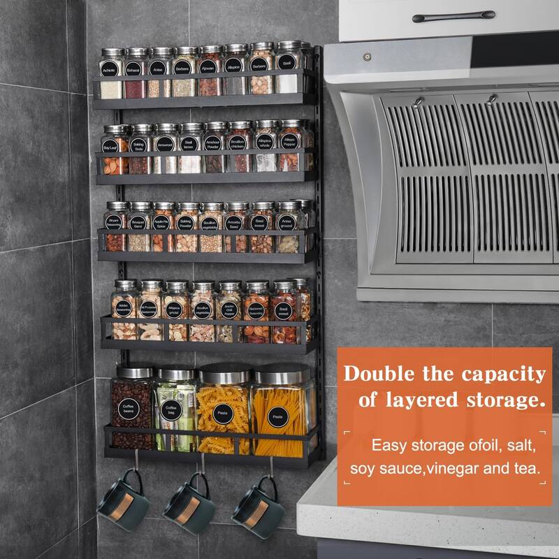 X-cosrack Wall Mount Spice Rack Organizer 5 Tier Height-Adjustable Hanging Spice Shelf Storage for Kitchen Pantry Cabinet