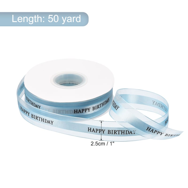 1" 50 Yard Happy Birthday Ribbon Chiffon Organza Satin Ribbon - Light Blue