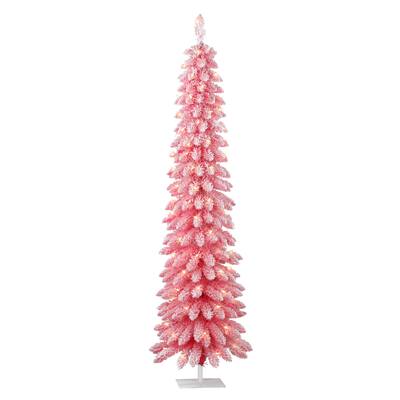 Puleo International 6 ft. Pre-Lit Flocked Pink Artificial Alpine Pencil Tree