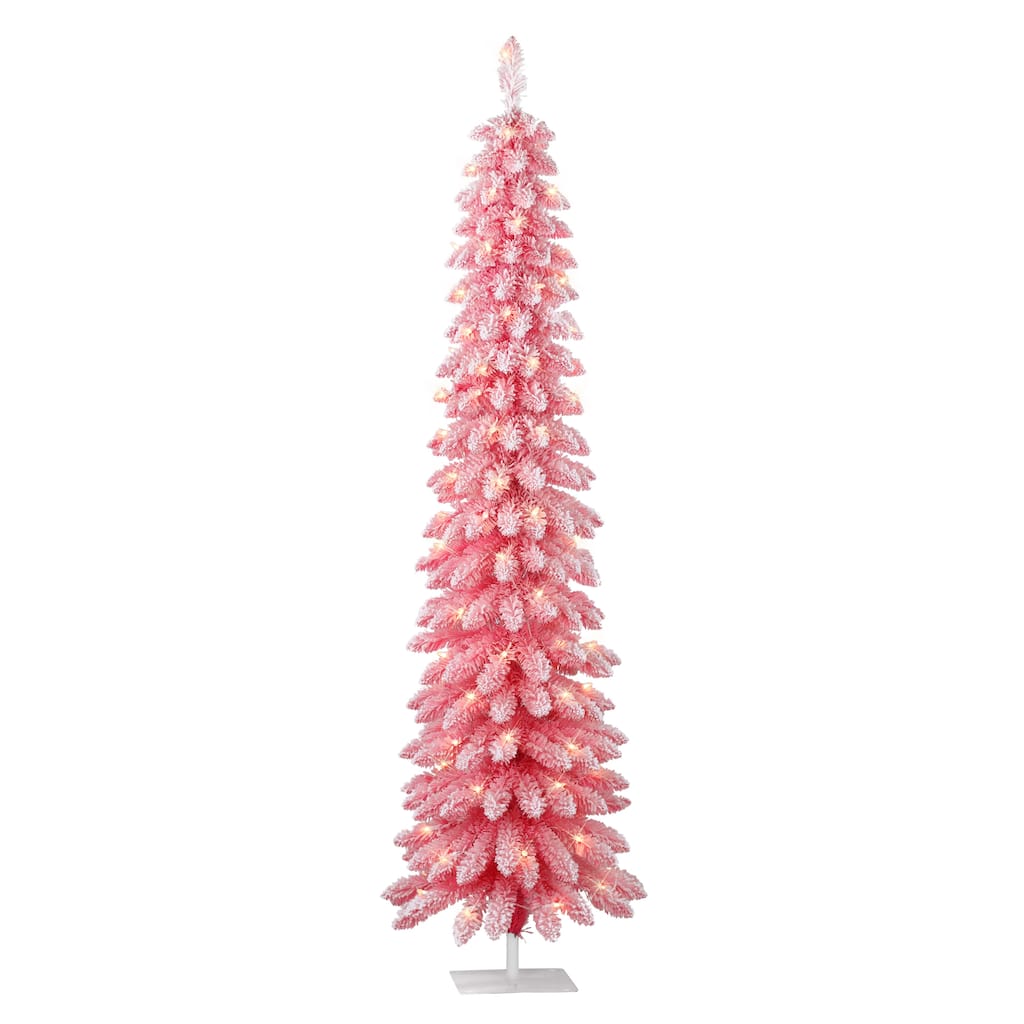 Puleo International 6 ft. Pre-Lit Flocked Pink Artificial Alpine Pencil Tree
